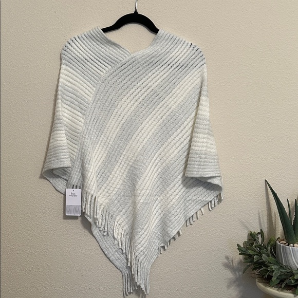 Bon Voyage Jackets & Blazers - Bon Voyage Soft White Knit Poncho with Silver Threads.